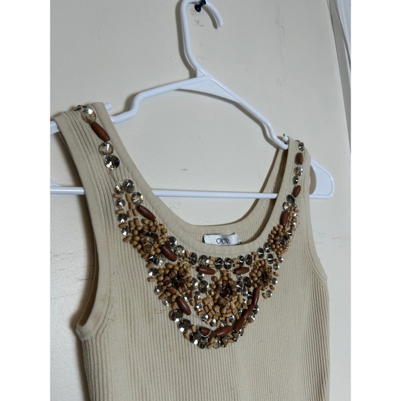Y2K VTG Cache Beaded Tank Top Cream Ribbed Knit Sleeveless Embellished Women's S - Picture 2 of 9